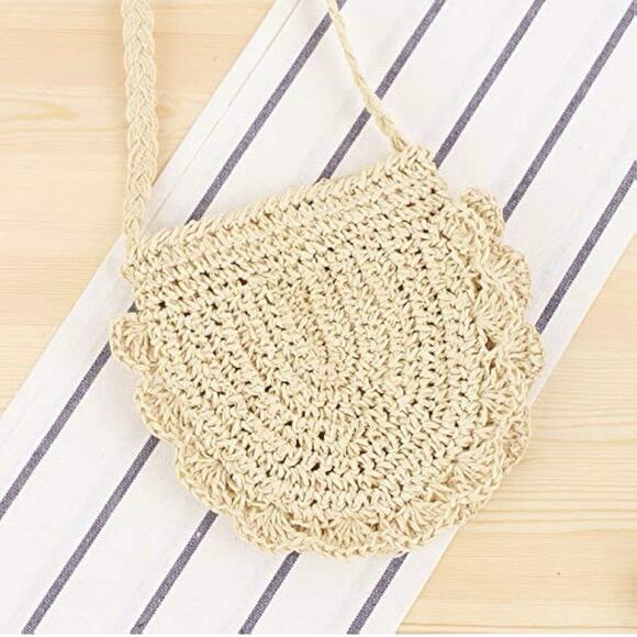 NWT Forever 21 Girls Bohemian Straw Scalloped Strap Beach Purse - Picture 2 of 10